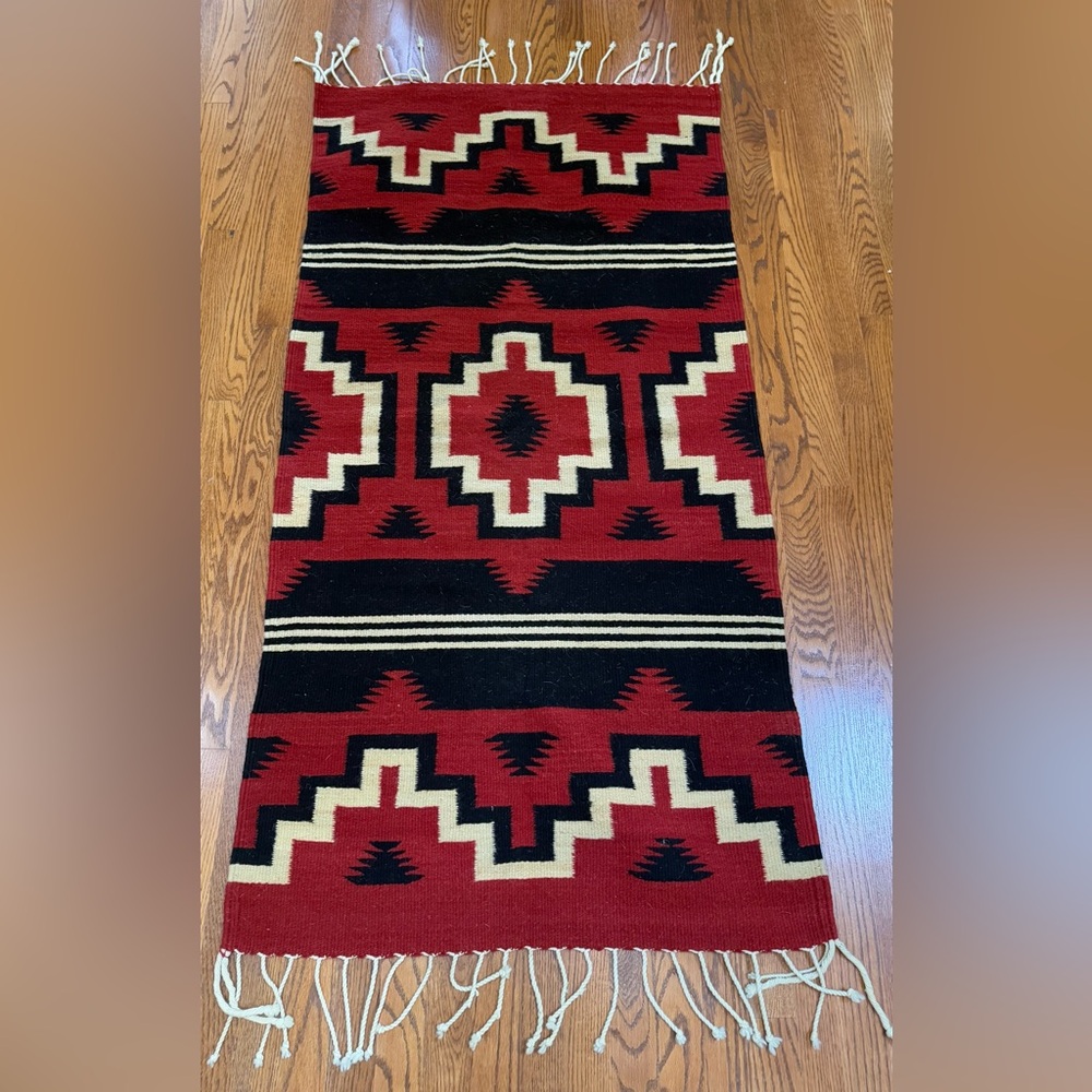 Vintage McLarty Zapotec Indian Hand Spun Rug. Red & Black